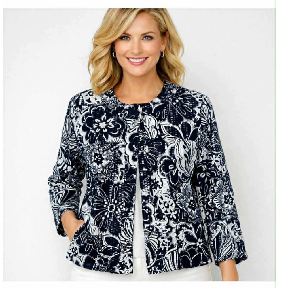 Alfred Dunner Petite Navy White Floral Textured Jacket Blazer Size 10P Button Up